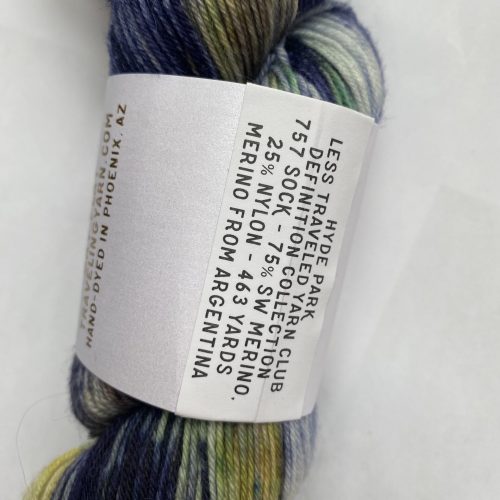 One skein of blue, yellow and green yarn.