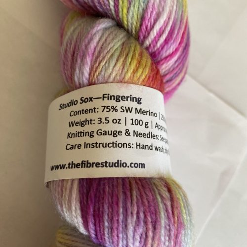 One skein, variegated, purple, pink, yellow, blue, green yarn.