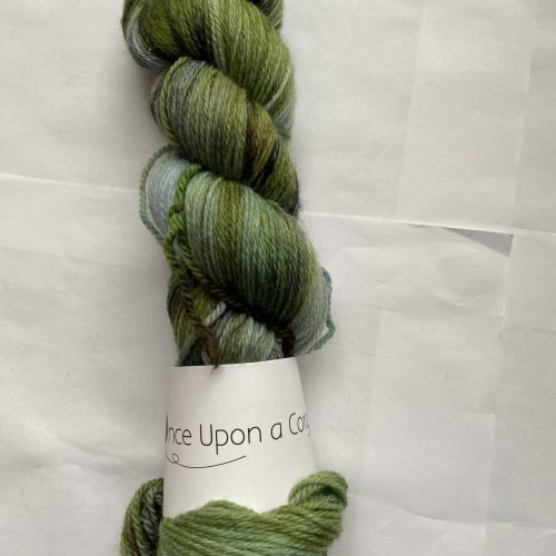 One skein, green, light blue, gray, brown yarn.