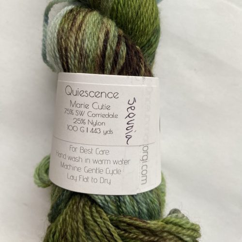 One skein, green, light blue, gray, brown yarn.
