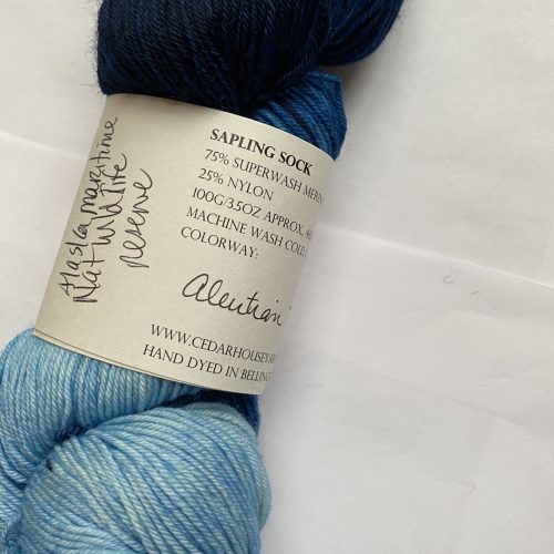 A skein of variegated blue yarn.