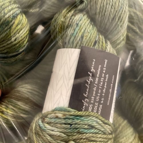 A skein of green and blue yarn in a clear bag.