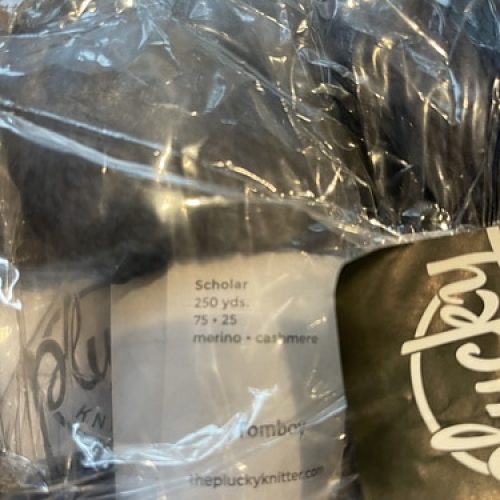 Skeins of blue Plucky Knitter yarn in a clear bag.